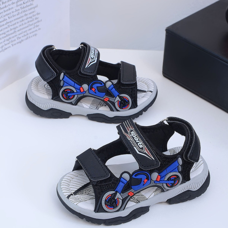 Fiú gyerekeknek készült Cartoon mintás mindennapi szandál, csúszásmentes puha PVC-talpú, felső rész műbőr, Velcro zárás, 4–16 éveseknek