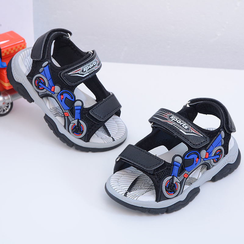 Fiú gyerekeknek készült Cartoon mintás mindennapi szandál, csúszásmentes puha PVC-talpú, felső rész műbőr, Velcro zárás, 4–16 éveseknek