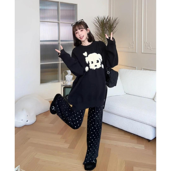 Trudnički set: chenille pleteni pulover s dugim rukavima i hlače visokog struka ravnog kroja (Spandex <30%)