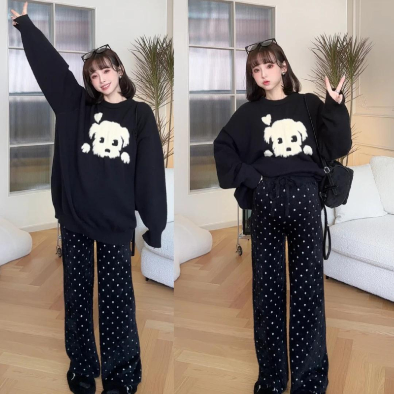 Trudnički set: chenille pleteni pulover s dugim rukavima i hlače visokog struka ravnog kroja (Spandex <30%)