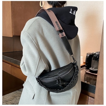 Teksturirana ženska torba preko ramena/struka s lančanim remenom, PU materijal, gradski stil, zatvaranje na zip, unutarnja džep s patentnim zatvaračem, unutarnji patch džep