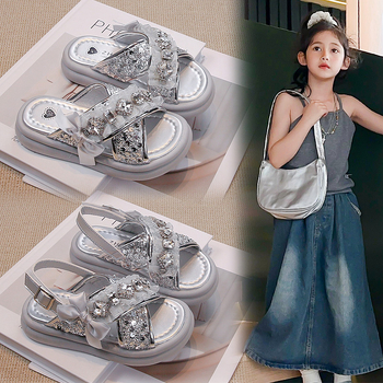 Sandale princezinog stila za djevojčice s kristalnim ukrasom, gornji dio od umjetne kože, gumeni potplat, uzrast 4–16 godina