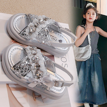 Sandale princezinog stila za djevojčice s kristalnim ukrasom, gornji dio od umjetne kože, gumeni potplat, uzrast 4–16 godina