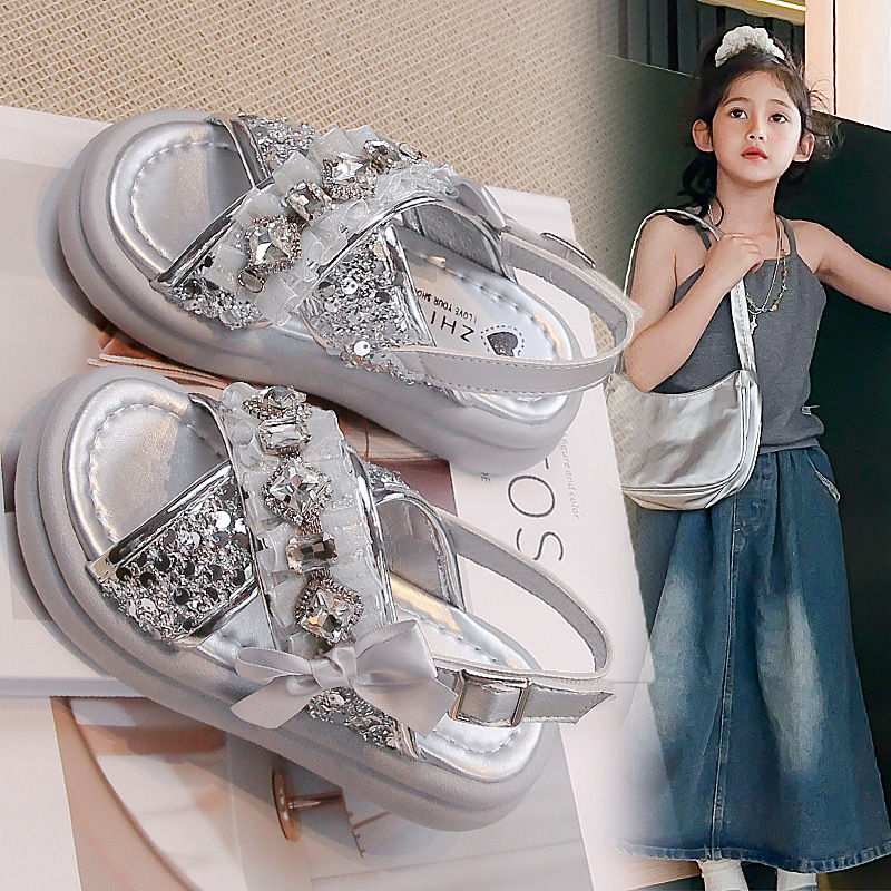 Sandale princezinog stila za djevojčice s kristalnim ukrasom, gornji dio od umjetne kože, gumeni potplat, uzrast 4–16 godina