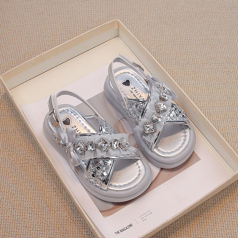 Sandale princezinog stila za djevojčice s kristalnim ukrasom, gornji dio od umjetne kože, gumeni potplat, uzrast 4–16 godina