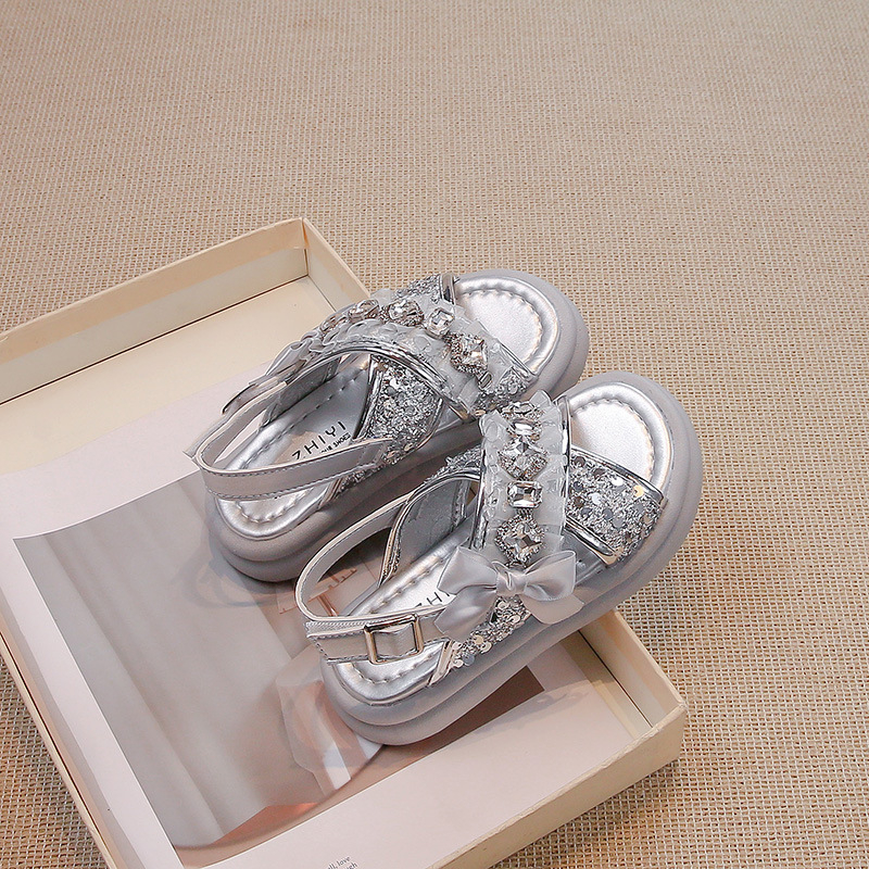 Sandale princezinog stila za djevojčice s kristalnim ukrasom, gornji dio od umjetne kože, gumeni potplat, uzrast 4–16 godina