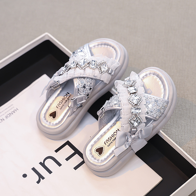 Sandale princezinog stila za djevojčice s kristalnim ukrasom, gornji dio od umjetne kože, gumeni potplat, uzrast 4–16 godina