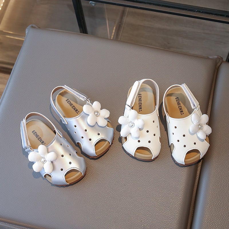 Dječje sandale Birkenstock stil, prozračni perforirani gornji dio sa motivom suncokreta, zatvoren vrh, Velcro kopča, umjetna koža, TPR đon, za uzrast 1–3 i 4–6 godina, ljeto 2025