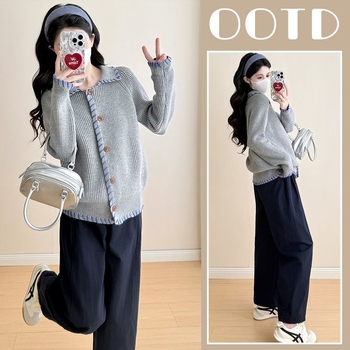 Trudnički set: Chenille pleteni top s dugim rukavima i hlače 3/4, hlačasti kostim u japansko-korejskom ležernom stilu