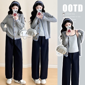 Trudnički set: Chenille pleteni top s dugim rukavima i hlače 3/4, hlačasti kostim u japansko-korejskom ležernom stilu