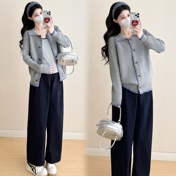 Trudnički set: Chenille pleteni top s dugim rukavima i hlače 3/4, hlačasti kostim u japansko-korejskom ležernom stilu