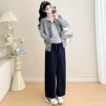 Trudnički set: Chenille pleteni top s dugim rukavima i hlače 3/4, hlačasti kostim u japansko-korejskom ležernom stilu