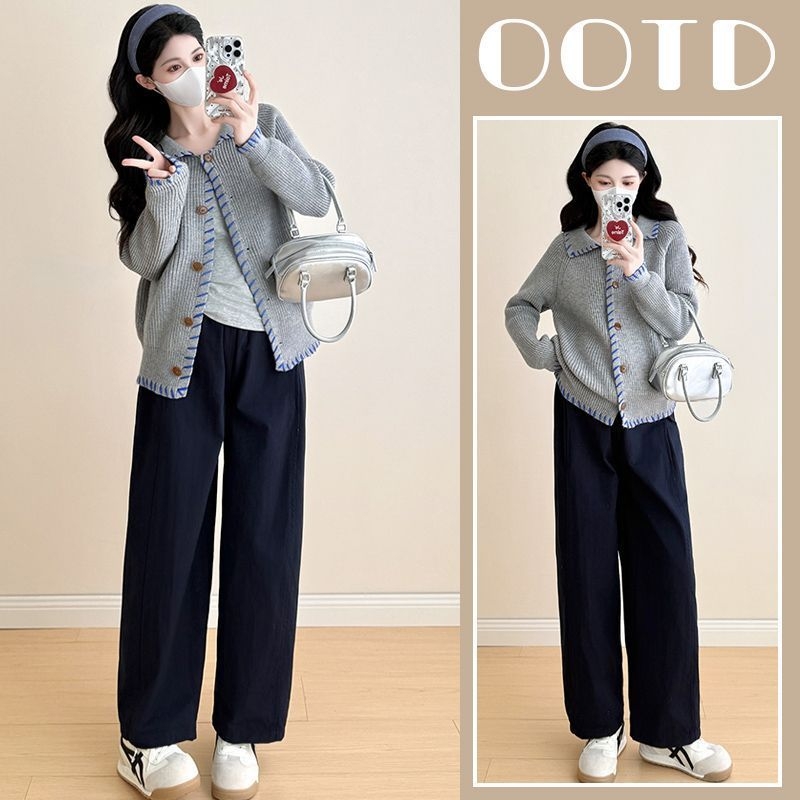 Trudnički set: Chenille pleteni top s dugim rukavima i hlače 3/4, hlačasti kostim u japansko-korejskom ležernom stilu