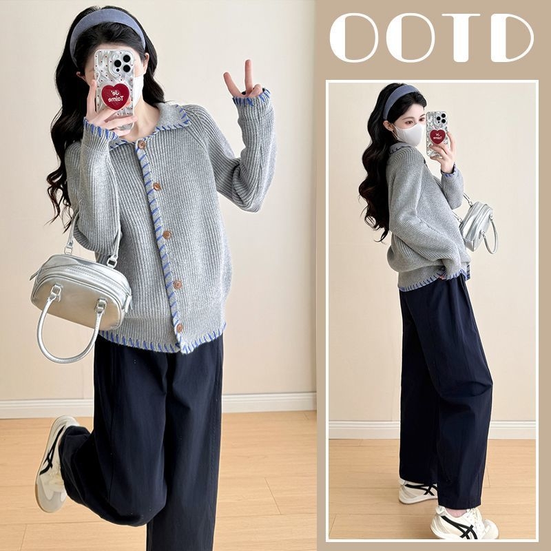 Trudnički set: Chenille pleteni top s dugim rukavima i hlače 3/4, hlačasti kostim u japansko-korejskom ležernom stilu