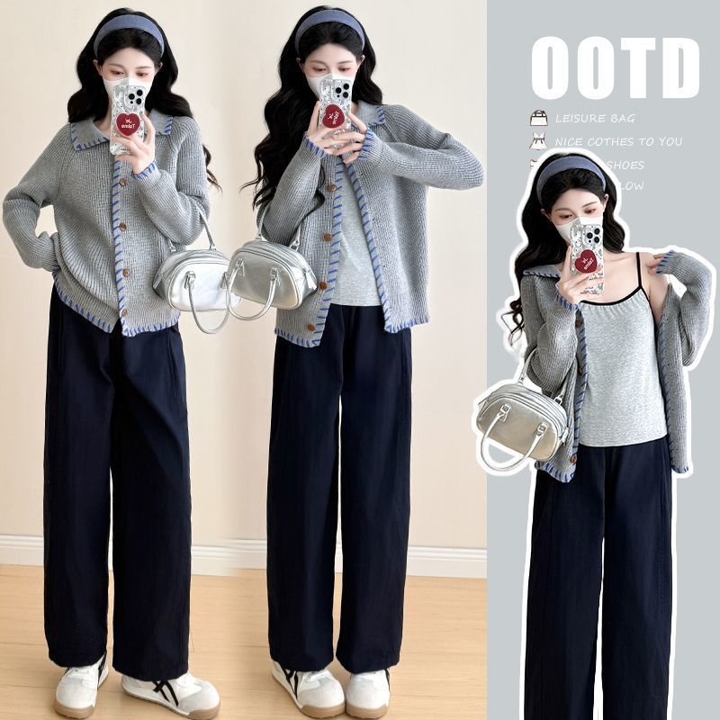 Trudnički set: Chenille pleteni top s dugim rukavima i hlače 3/4, hlačasti kostim u japansko-korejskom ležernom stilu