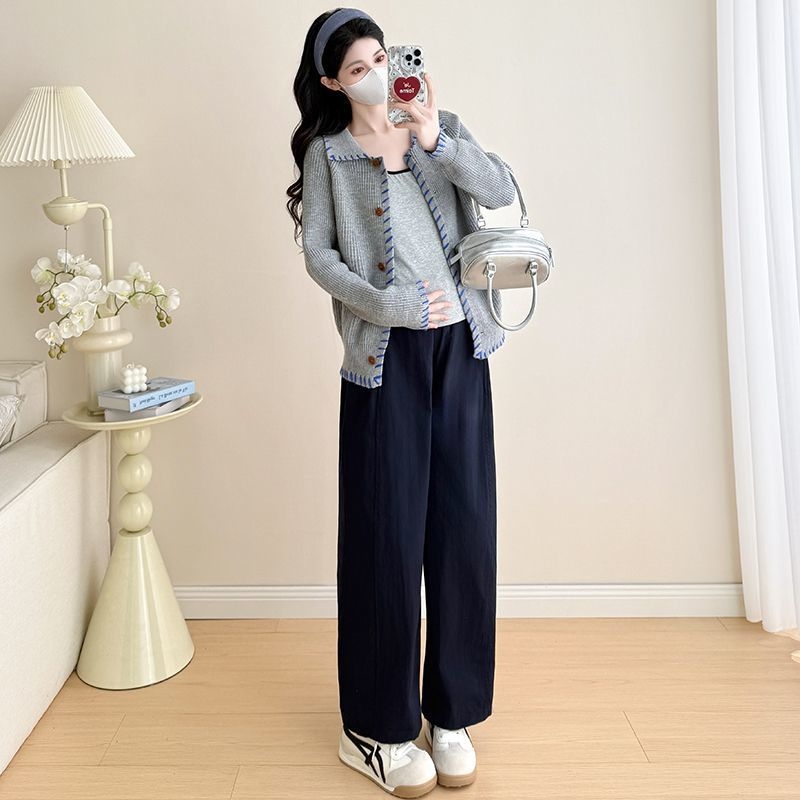 Trudnički set: Chenille pleteni top s dugim rukavima i hlače 3/4, hlačasti kostim u japansko-korejskom ležernom stilu