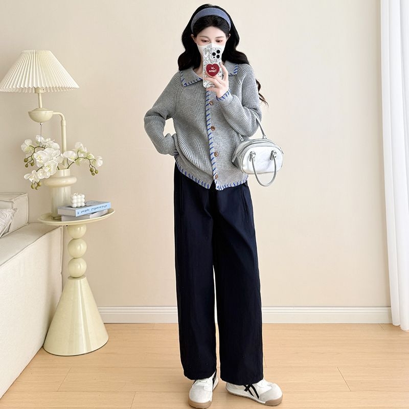 Trudnički set: Chenille pleteni top s dugim rukavima i hlače 3/4, hlačasti kostim u japansko-korejskom ležernom stilu