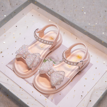 Dječje sandale - mekana potplata, mašnica s kristalima i perlicama, sandale za plažu za djevojčice, gornji materijal: umjetna koža, uzrast 4–16 godina, korejski stil