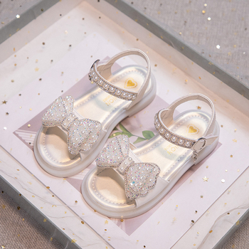 Dječje sandale - mekana potplata, mašnica s kristalima i perlicama, sandale za plažu za djevojčice, gornji materijal: umjetna koža, uzrast 4–16 godina, korejski stil