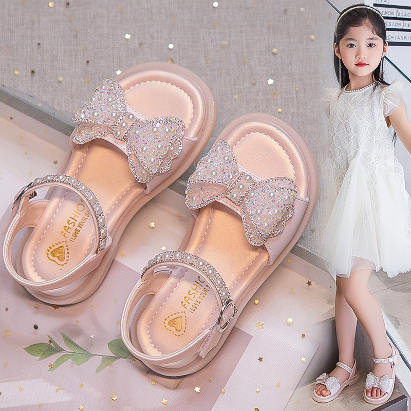 Dječje sandale - mekana potplata, mašnica s kristalima i perlicama, sandale za plažu za djevojčice, gornji materijal: umjetna koža, uzrast 4–16 godina, korejski stil