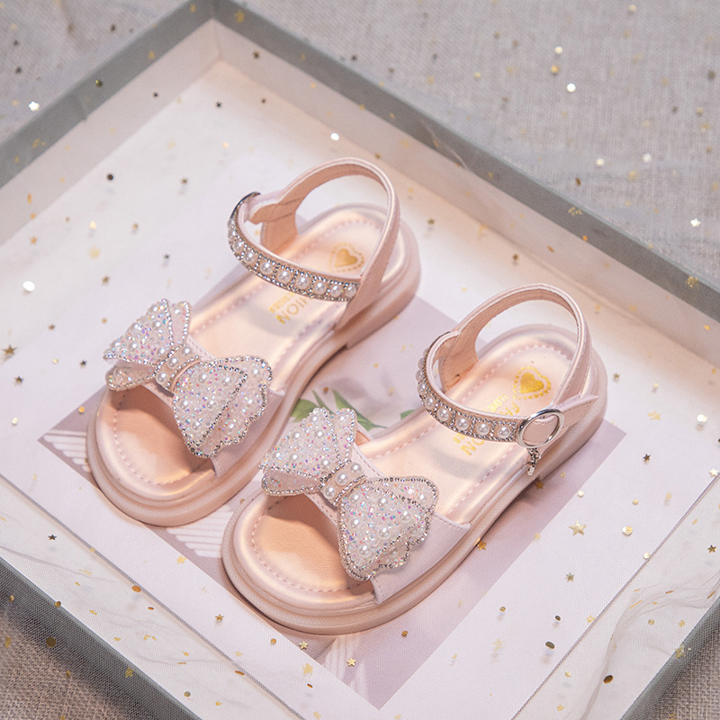 Dječje sandale - mekana potplata, mašnica s kristalima i perlicama, sandale za plažu za djevojčice, gornji materijal: umjetna koža, uzrast 4–16 godina, korejski stil