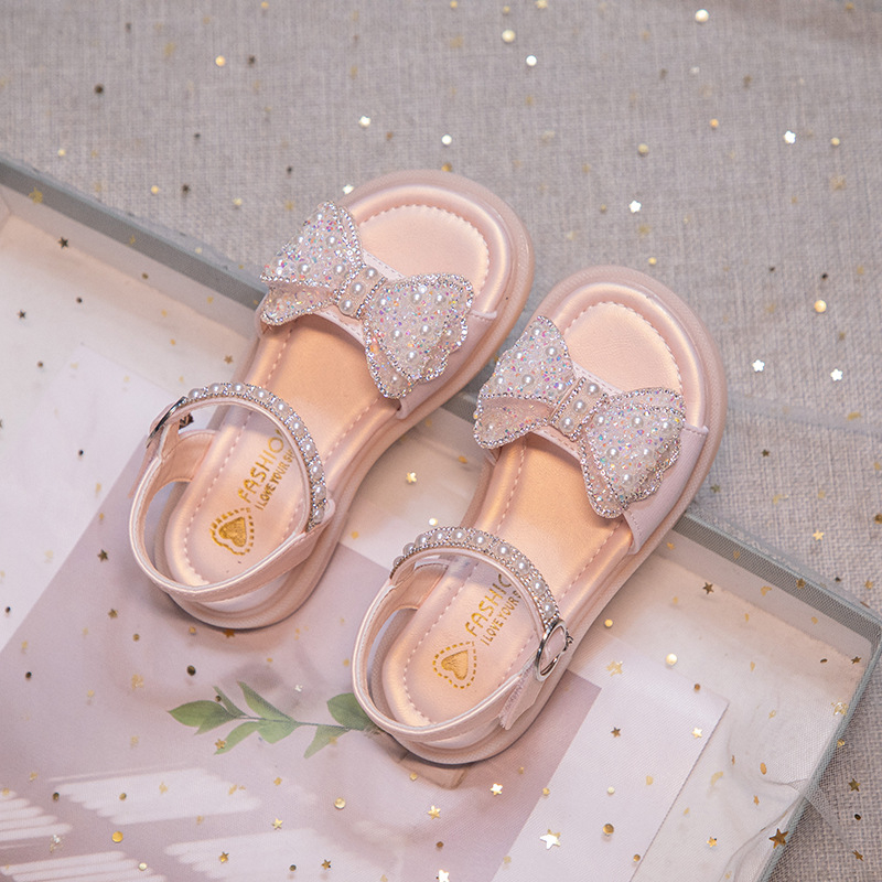 Dječje sandale - mekana potplata, mašnica s kristalima i perlicama, sandale za plažu za djevojčice, gornji materijal: umjetna koža, uzrast 4–16 godina, korejski stil