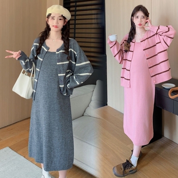 Két darabos vállpántos hosszú szoknyás szett kötött terhes ruházathoz, pamut-poliészter, mini hossz, hosszú ujjú