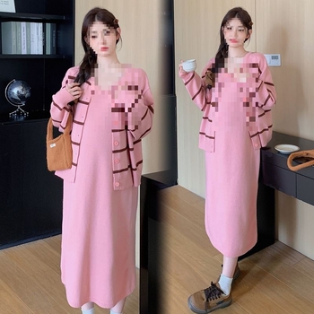 Két darabos vállpántos hosszú szoknyás szett kötött terhes ruházathoz, pamut-poliészter, mini hossz, hosszú ujjú