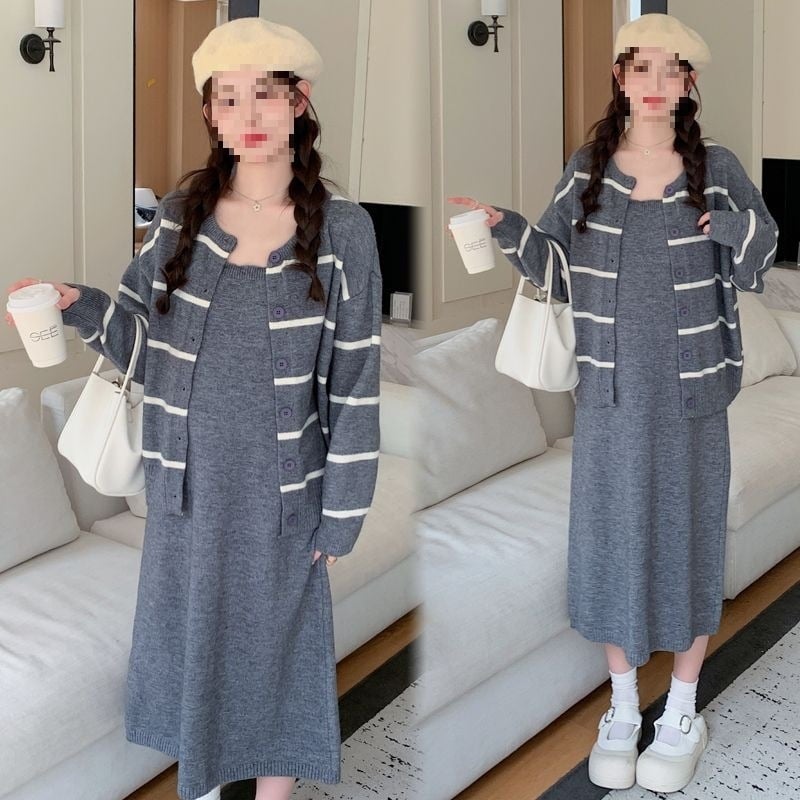 Két darabos vállpántos hosszú szoknyás szett kötött terhes ruházathoz, pamut-poliészter, mini hossz, hosszú ujjú