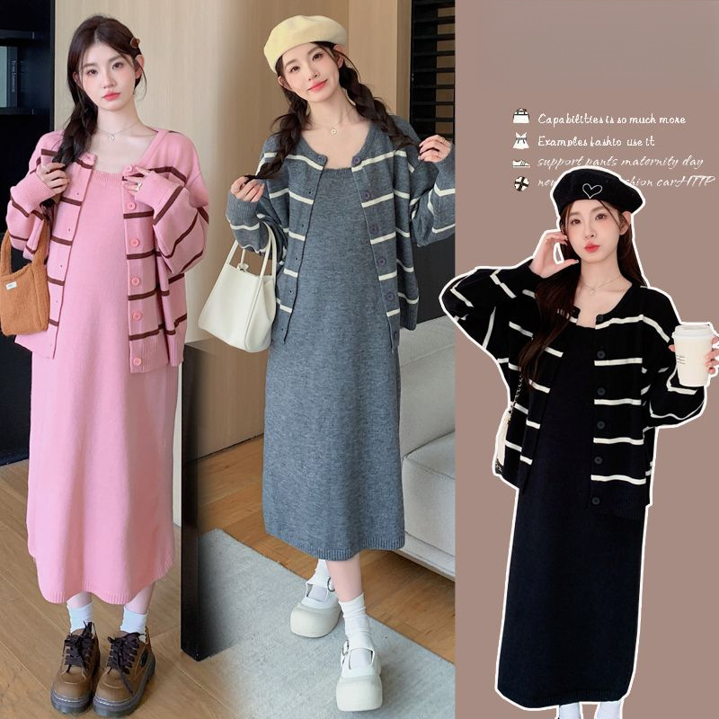 Két darabos vállpántos hosszú szoknyás szett kötött terhes ruházathoz, pamut-poliészter, mini hossz, hosszú ujjú