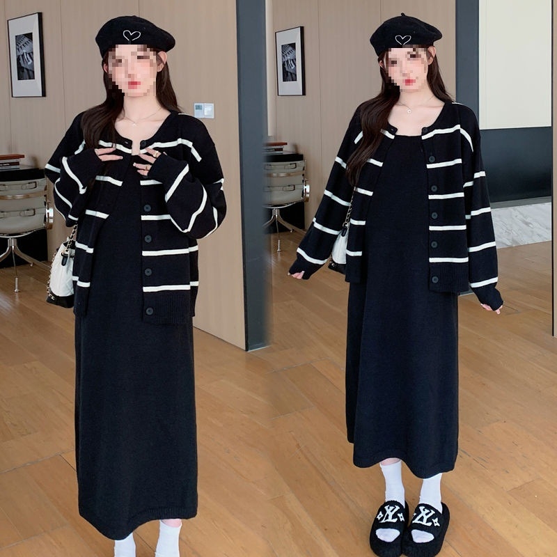 Két darabos vállpántos hosszú szoknyás szett kötött terhes ruházathoz, pamut-poliészter, mini hossz, hosszú ujjú