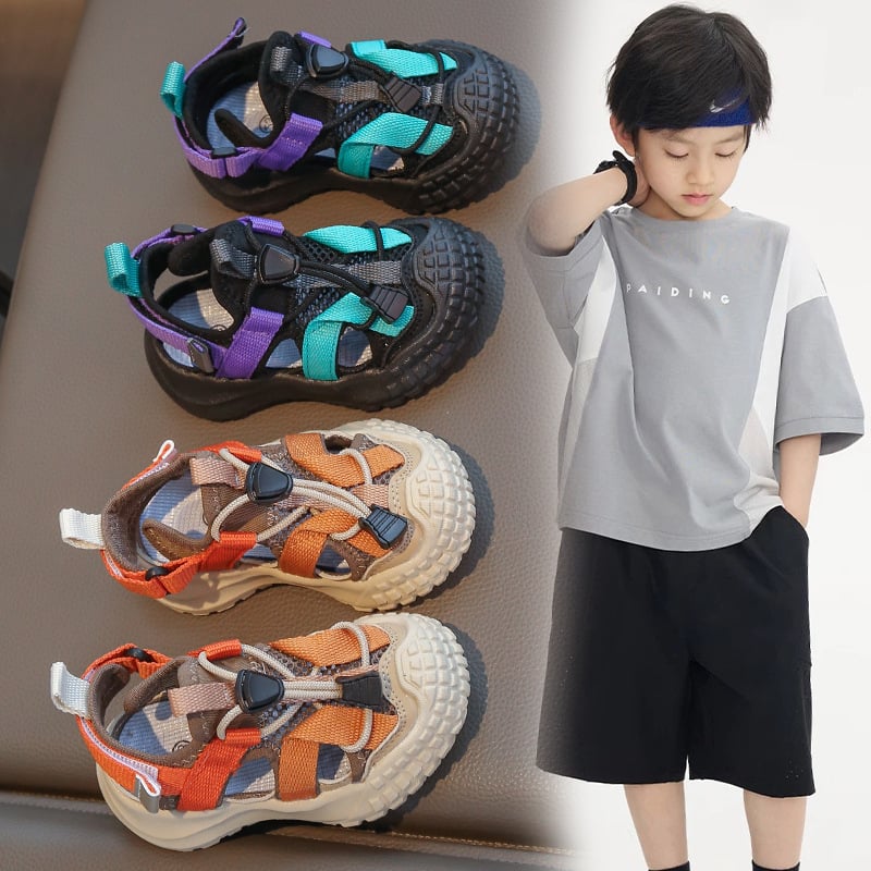 Unisex dječje sportske sandale od mrežaste gornje strane s Velcro zatvaračem, korejski stil, PU potplat, za plažu i vanjsku upotrebu, ljeto 2025