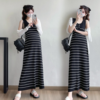 Rochie de maternitate în dungă, fără mâneci, lungă, pentru alăptare, în set cu tricou de protecție solară