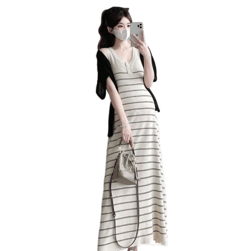 Rochie de maternitate în dungă, fără mâneci, lungă, pentru alăptare, în set cu tricou de protecție solară