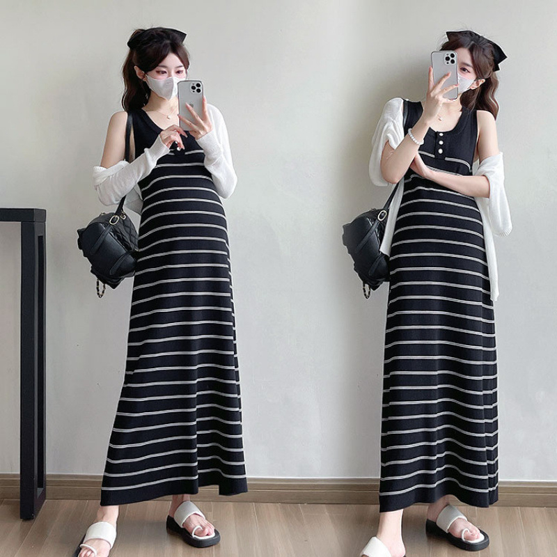 Rochie de maternitate în dungă, fără mâneci, lungă, pentru alăptare, în set cu tricou de protecție solară