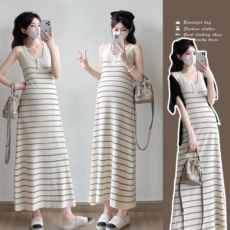 Rochie de maternitate în dungă, fără mâneci, lungă, pentru alăptare, în set cu tricou de protecție solară