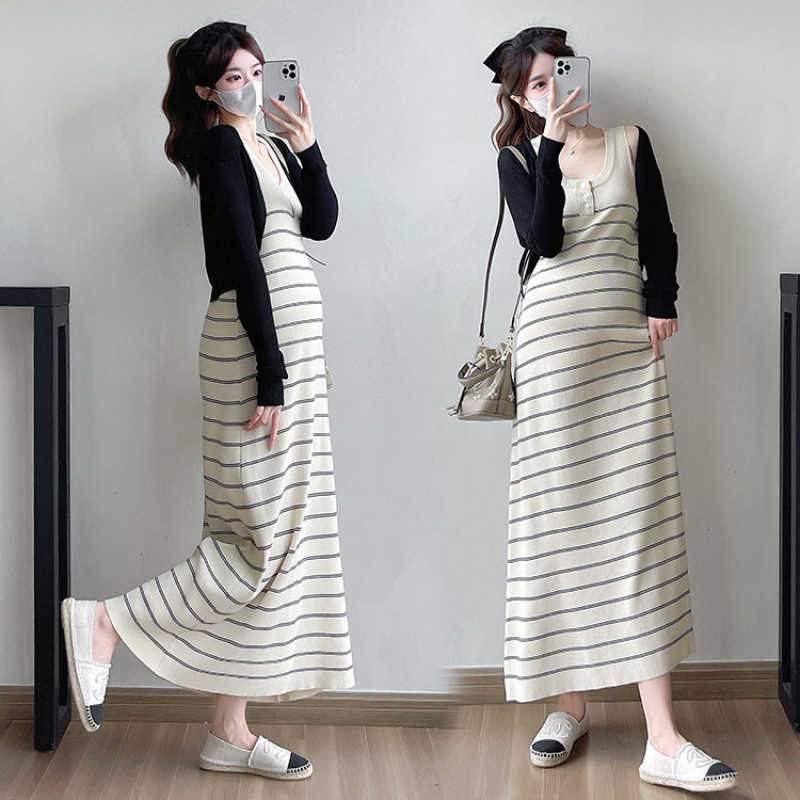 Rochie de maternitate în dungă, fără mâneci, lungă, pentru alăptare, în set cu tricou de protecție solară