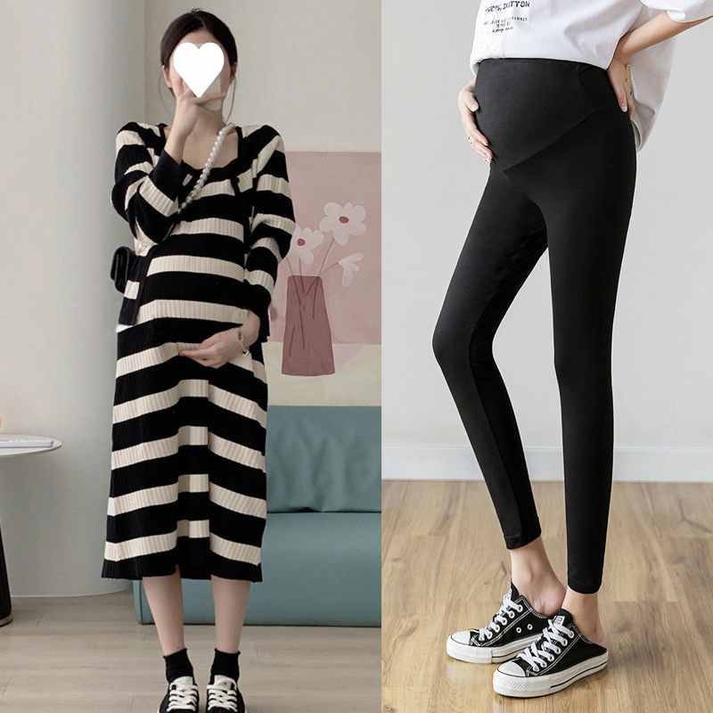 Kostim za trudnice s prugastim pletenim, dugi rukav, midi suknja, poliester, jesensko-zimski stil
