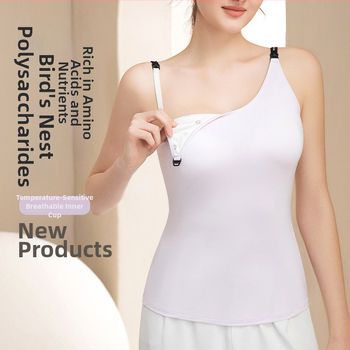 Кърмещ потник с вградени подплатени чашки, кожа-приемно целулозно влакно 80–90% съдържание, кръгло деколте, умерена дебелина, подходящ за всички сезони