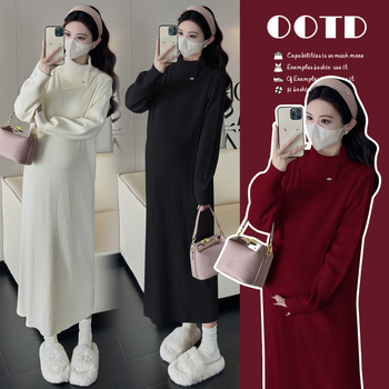 Rochie maternă tricotată, midi, cu guler înalt, mâneci lungi, culoare uni, acril 95%+