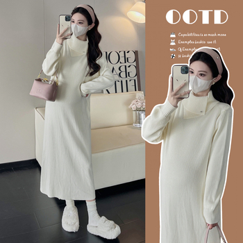 Rochie maternă tricotată, midi, cu guler înalt, mâneci lungi, culoare uni, acril 95%+