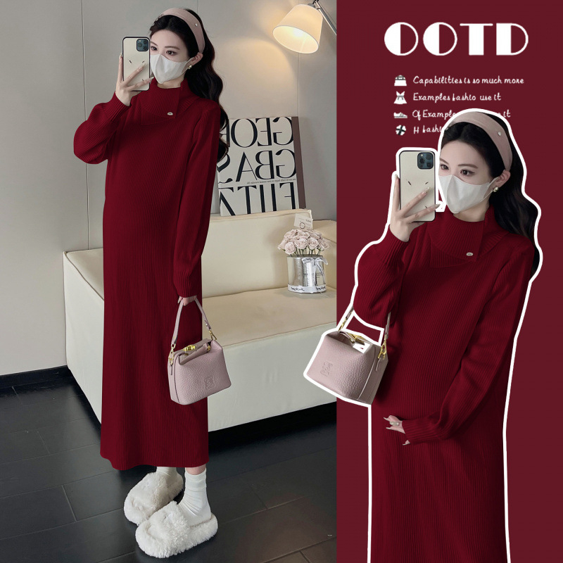 Rochie maternă tricotată, midi, cu guler înalt, mâneci lungi, culoare uni, acril 95%+