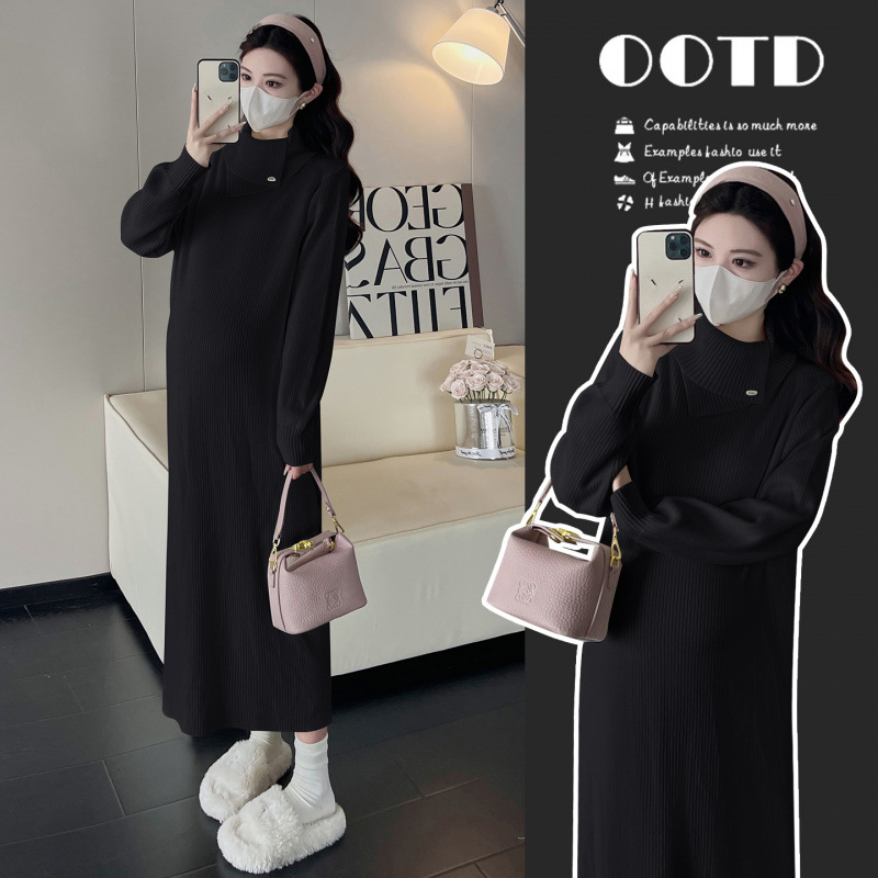 Rochie maternă tricotată, midi, cu guler înalt, mâneci lungi, culoare uni, acril 95%+