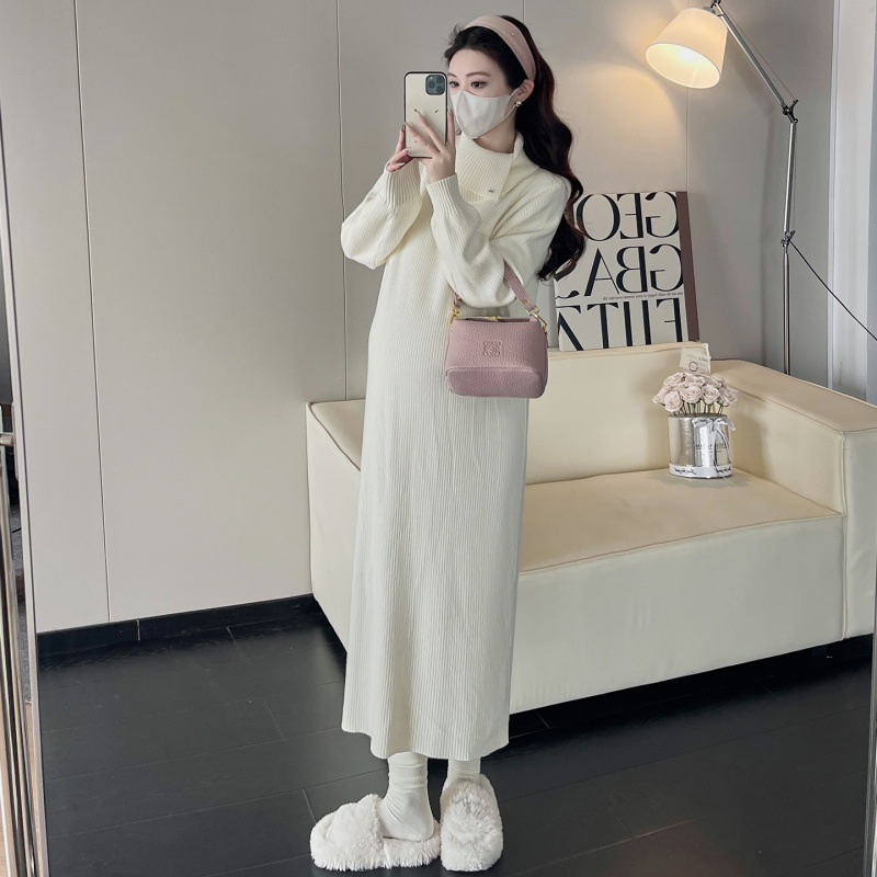 Rochie maternă tricotată, midi, cu guler înalt, mâneci lungi, culoare uni, acril 95%+