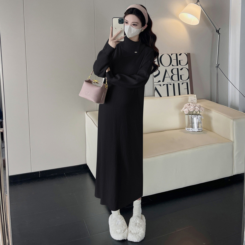 Rochie maternă tricotată, midi, cu guler înalt, mâneci lungi, culoare uni, acril 95%+