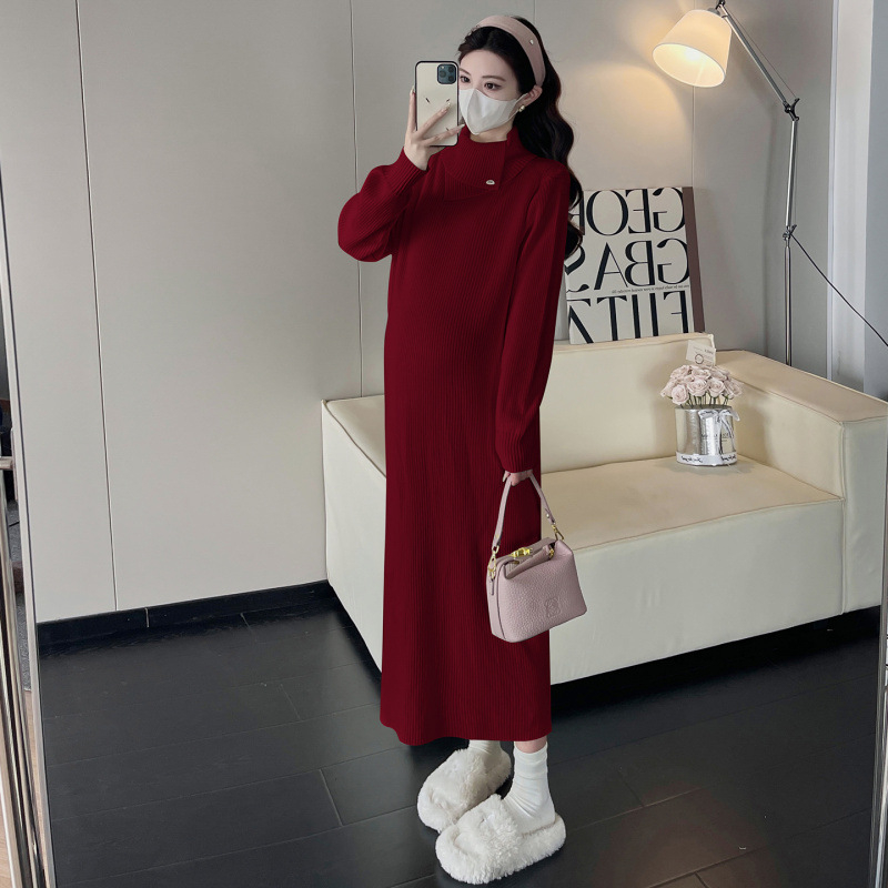 Rochie maternă tricotată, midi, cu guler înalt, mâneci lungi, culoare uni, acril 95%+