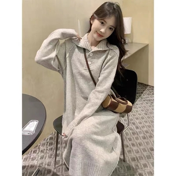 Φόρεμα μίντι με γιακά polo, Α-γραμμή, 3/4 μανίκια, ακρυλικό ύφασμα, πολυεστέρας 80–90%