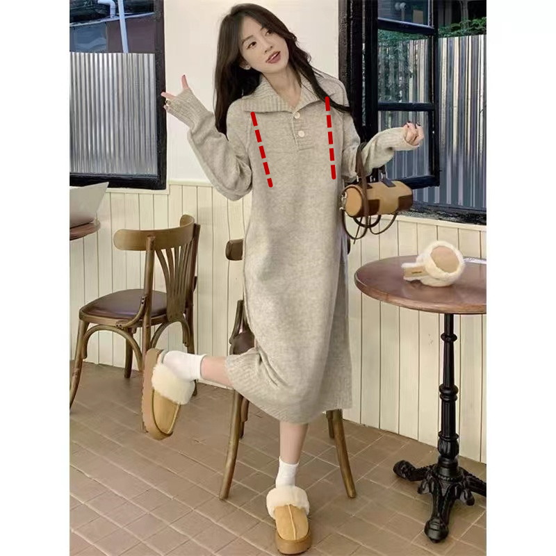 Φόρεμα μίντι με γιακά polo, Α-γραμμή, 3/4 μανίκια, ακρυλικό ύφασμα, πολυεστέρας 80–90%