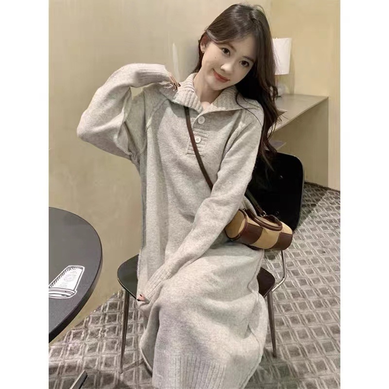 Φόρεμα μίντι με γιακά polo, Α-γραμμή, 3/4 μανίκια, ακρυλικό ύφασμα, πολυεστέρας 80–90%