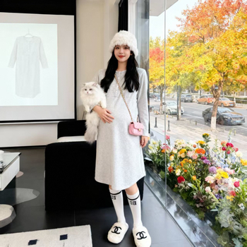 Φόρεμα μητρότητας από βαμβάκι με κουμπιά μπροστά, στρογγυλή λαιμόκοψη, μακριά μανίκια, φαρδύ σιλουέτα, μακρύ μήκος